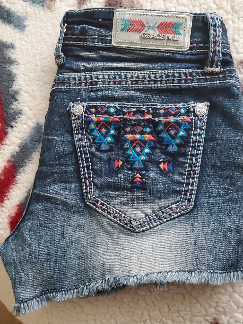 Grace in LA Indigo Denim Shorts with Multicolor Tribal Embroidery